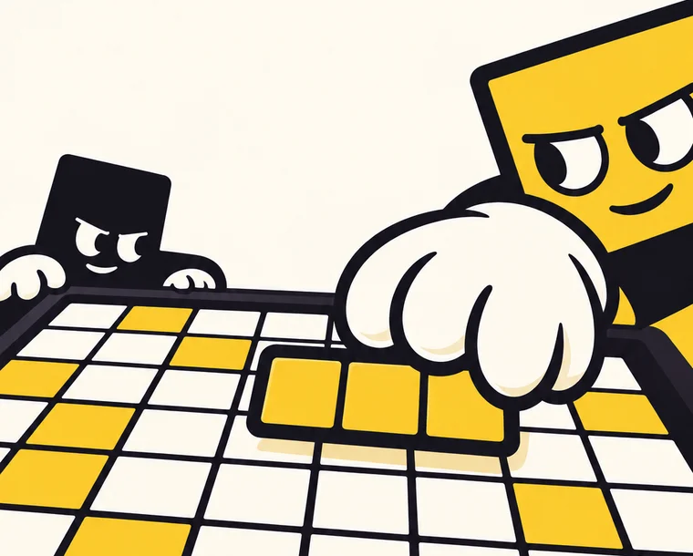 Two block rivals take turns on a shared puzzle board.