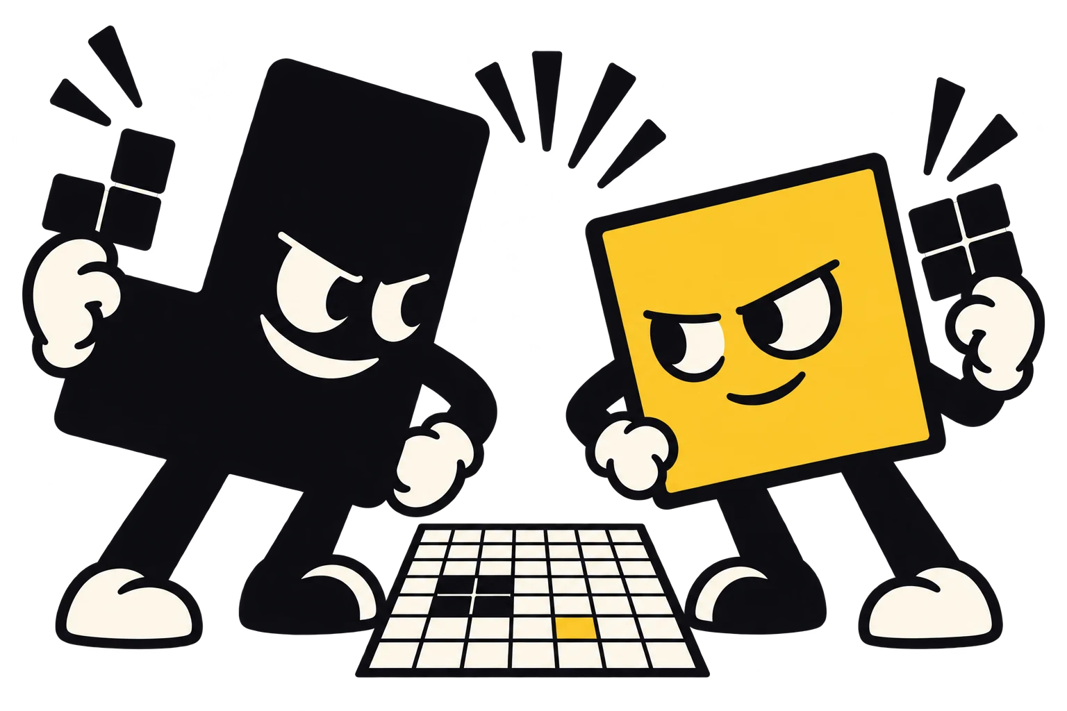 Two block mascots face off over a puzzle board, each holding their next piece.